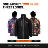 One jacket, two skins, three looks: the black base jacket with a skin on each side