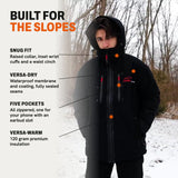 Built for the slopes: waterproof membrane, 120 gram insulation, five zippered pockets, raised collar and cuffs