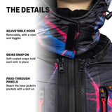 The details: adjustable hood, skins that snap on, pass-through panels to the pockets